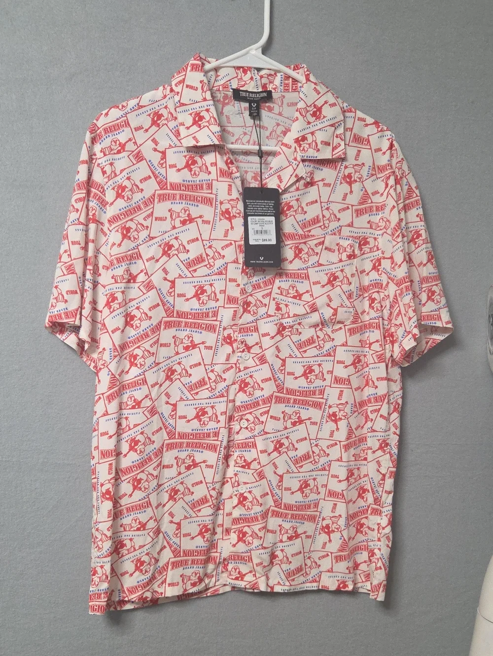 True Religion Men’s Short Sleeve Cream Shirt with Red Graphic Print